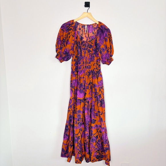 Anthropologie Somerset Floral Puff Sleeve Tiered Maxi Dress Orange Purple S Boho - Picture 2 of 11